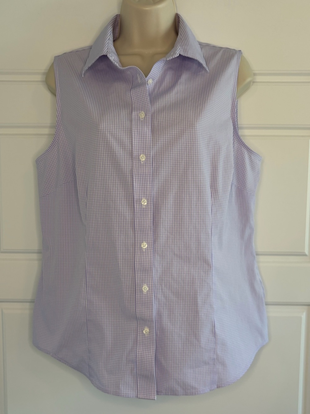 Brooks Brothers Lavender GIngham Plaid  Stretch Sleeveless Button Up Shirt Sz 12